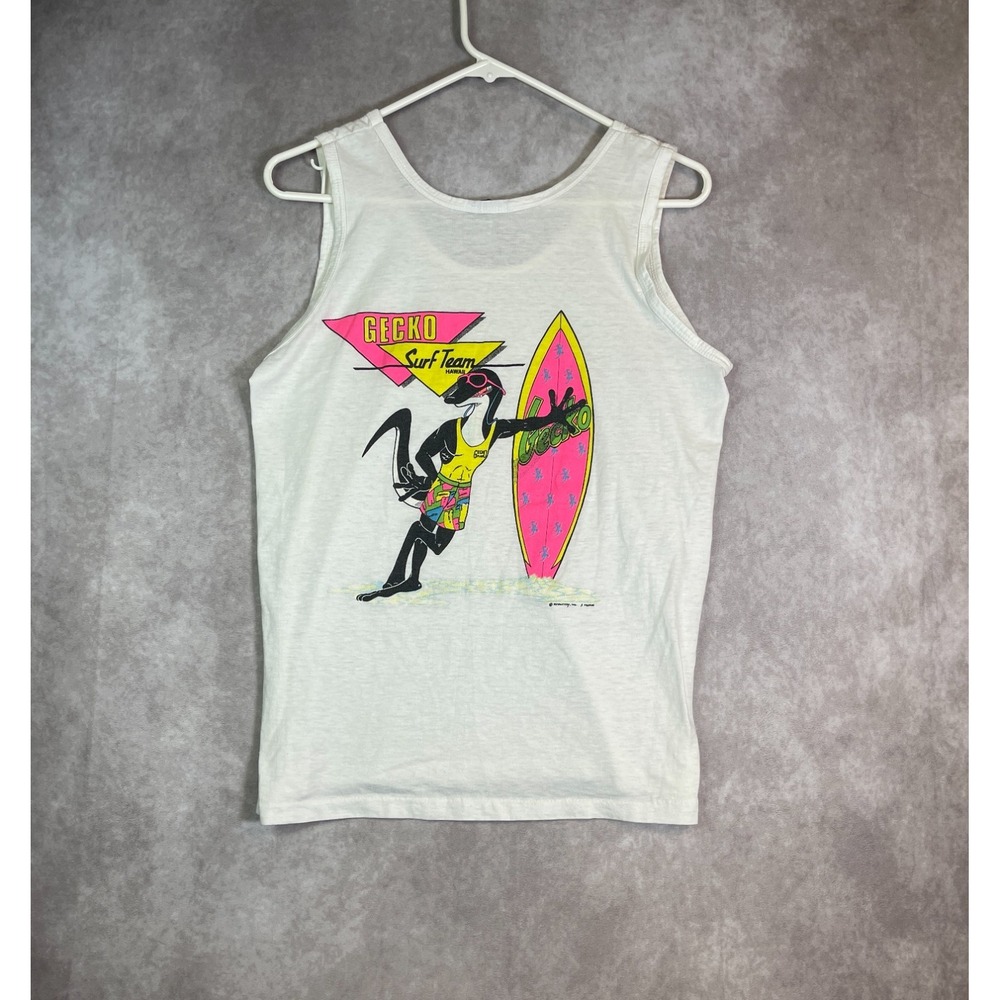 VTG Gecko Surf Team Hawaii Tank Top Mens Large White Sleeveless Paper Thin USA